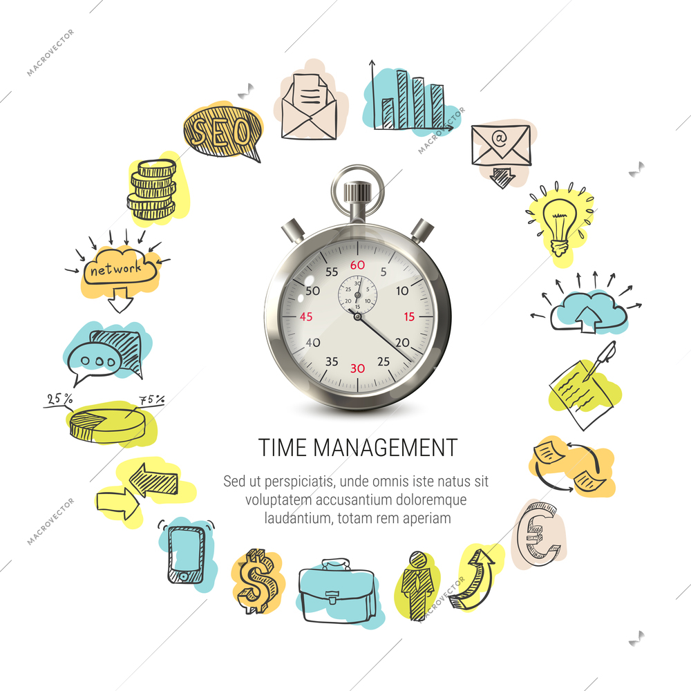 Time management round design with hand drawn business icons 3d stopwatch on white background isolated vector illustration