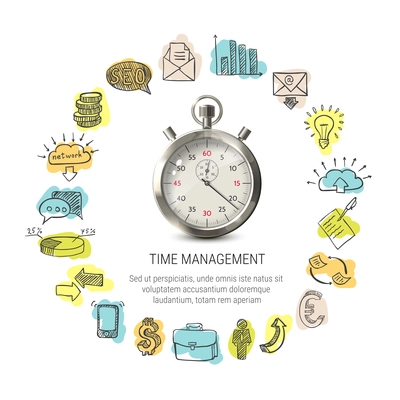 Time management round design with hand drawn business icons 3d stopwatch on white background isolated vector illustration