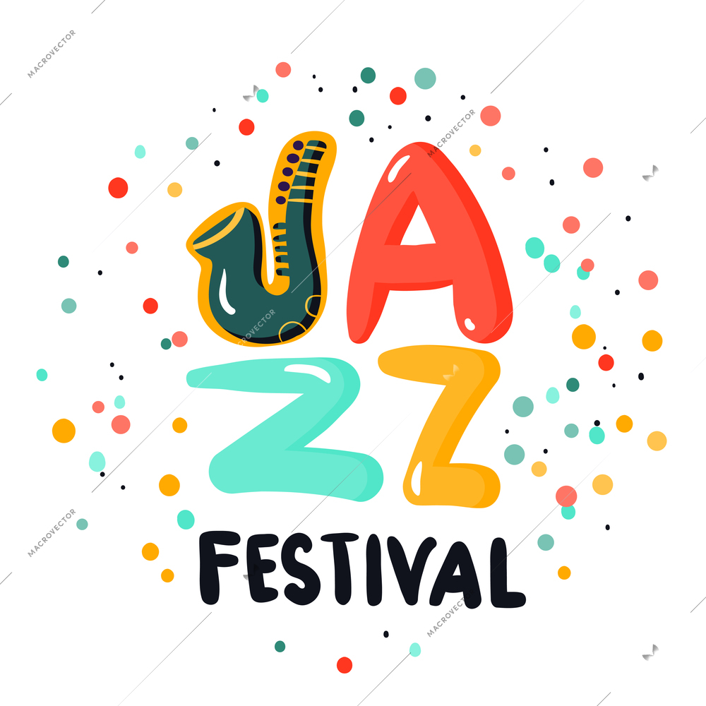 Jazz festival sign concept with colorful letters and dots on white background flat vector illustration