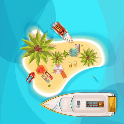 Island beach top view with blue sea, people on loungers under parasols, boats, palm trees vector illustration