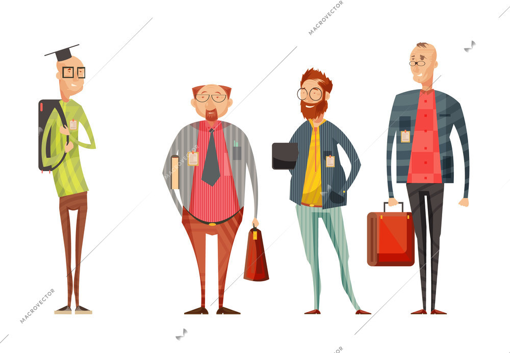 Teachers retro cartoon collection with smiling men in glasses with bags on white background isolated vector illustration