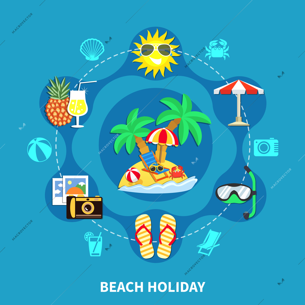 Vacation travel flat composition of beach holiday images with offshore leisure activity equipment symbols and silhouettes vector illustration