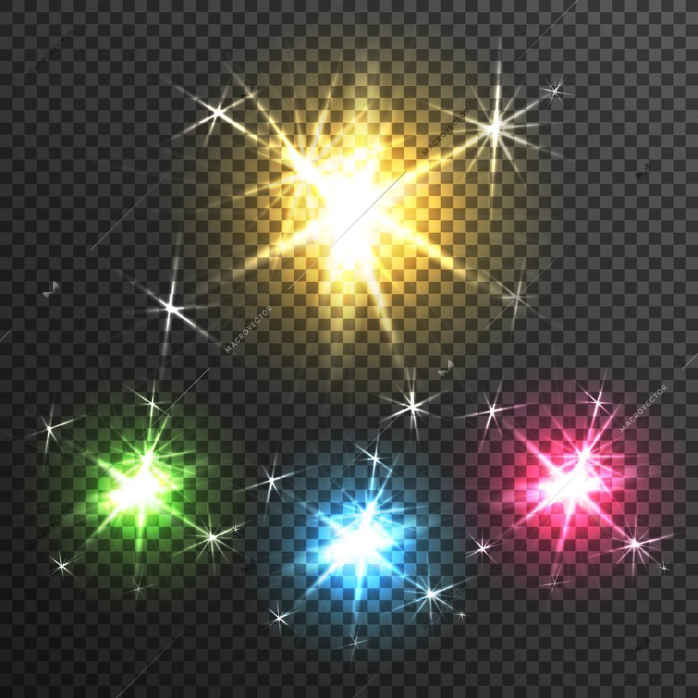 Starburst diffuse glow light effects of 4 colorful stars on black transparen background poster realistic vector illustration