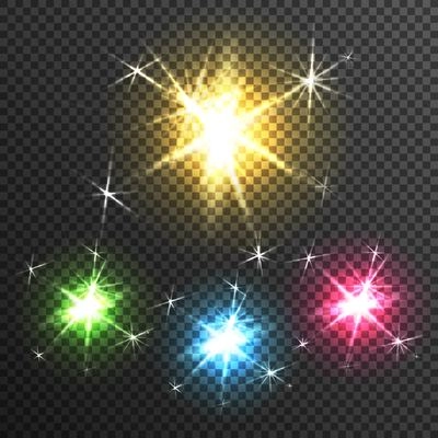 Starburst diffuse glow light effects of 4 colorful stars on black transparen background poster realistic vector illustration