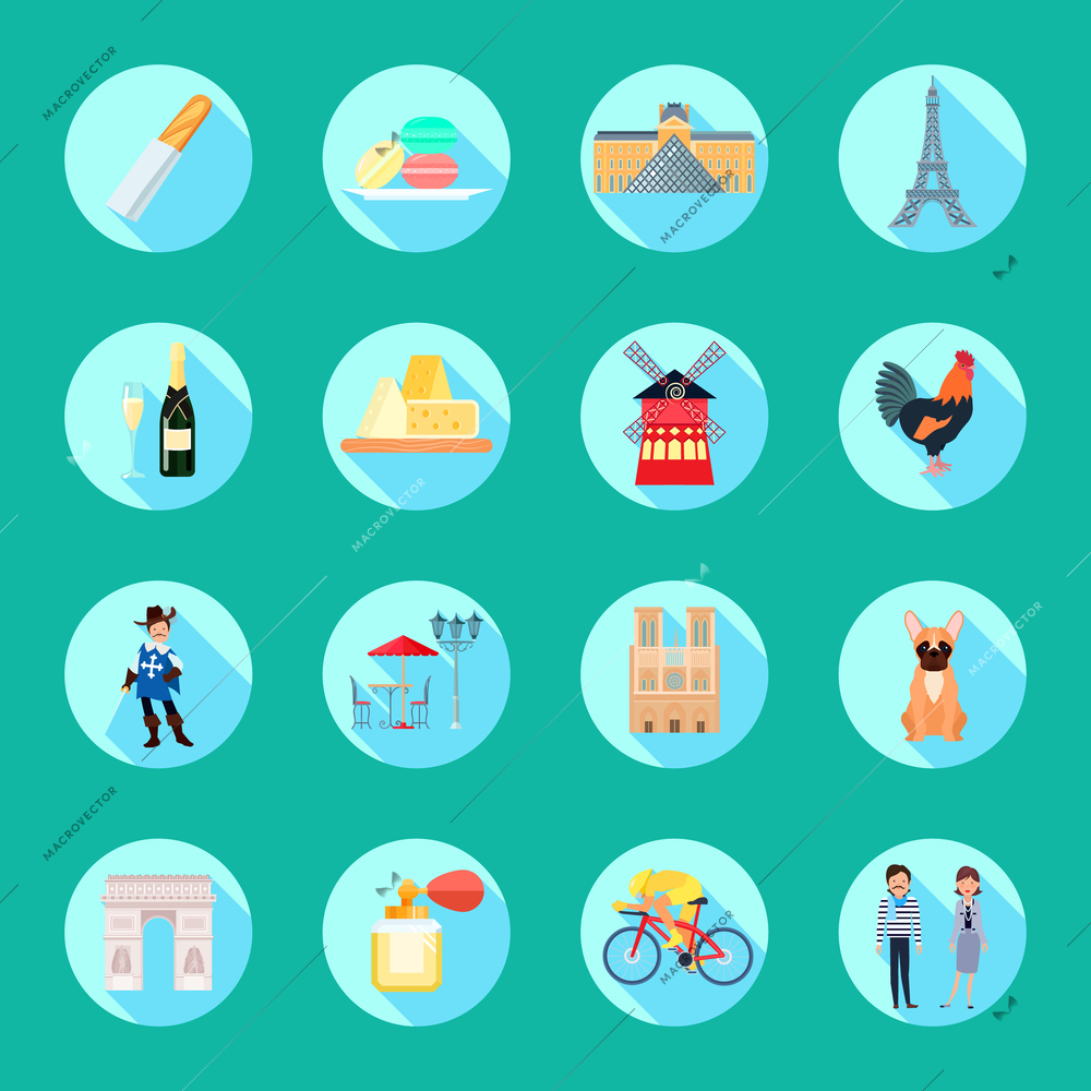 France round icons set with sightseeing symbols flat isolated vector illustration