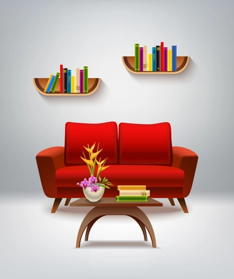 Living room interior with sofa table and vase cartoon vector illustration