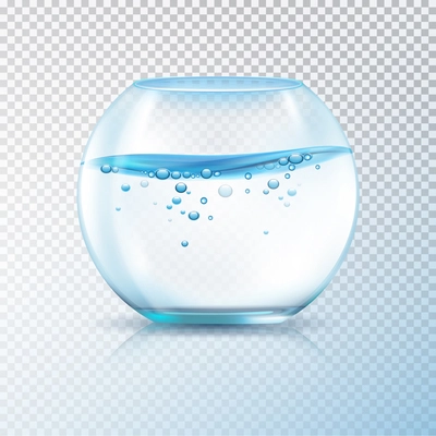 Clear glass round fish bowls aquarium with water and air bubbles on transparent background realistic vector illustration