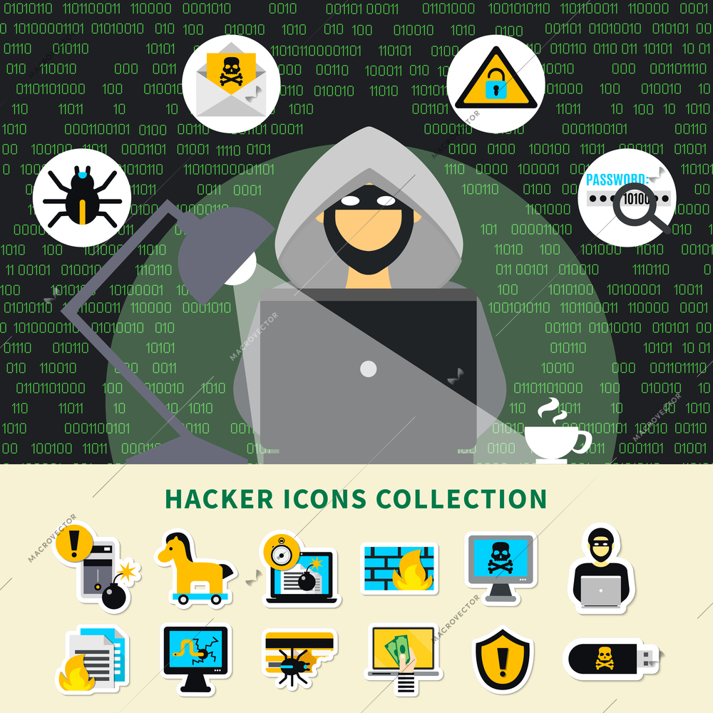 Hacker activity icons collection with hacker in hood at notebook and cracking systems symbols cartoon vector illustration