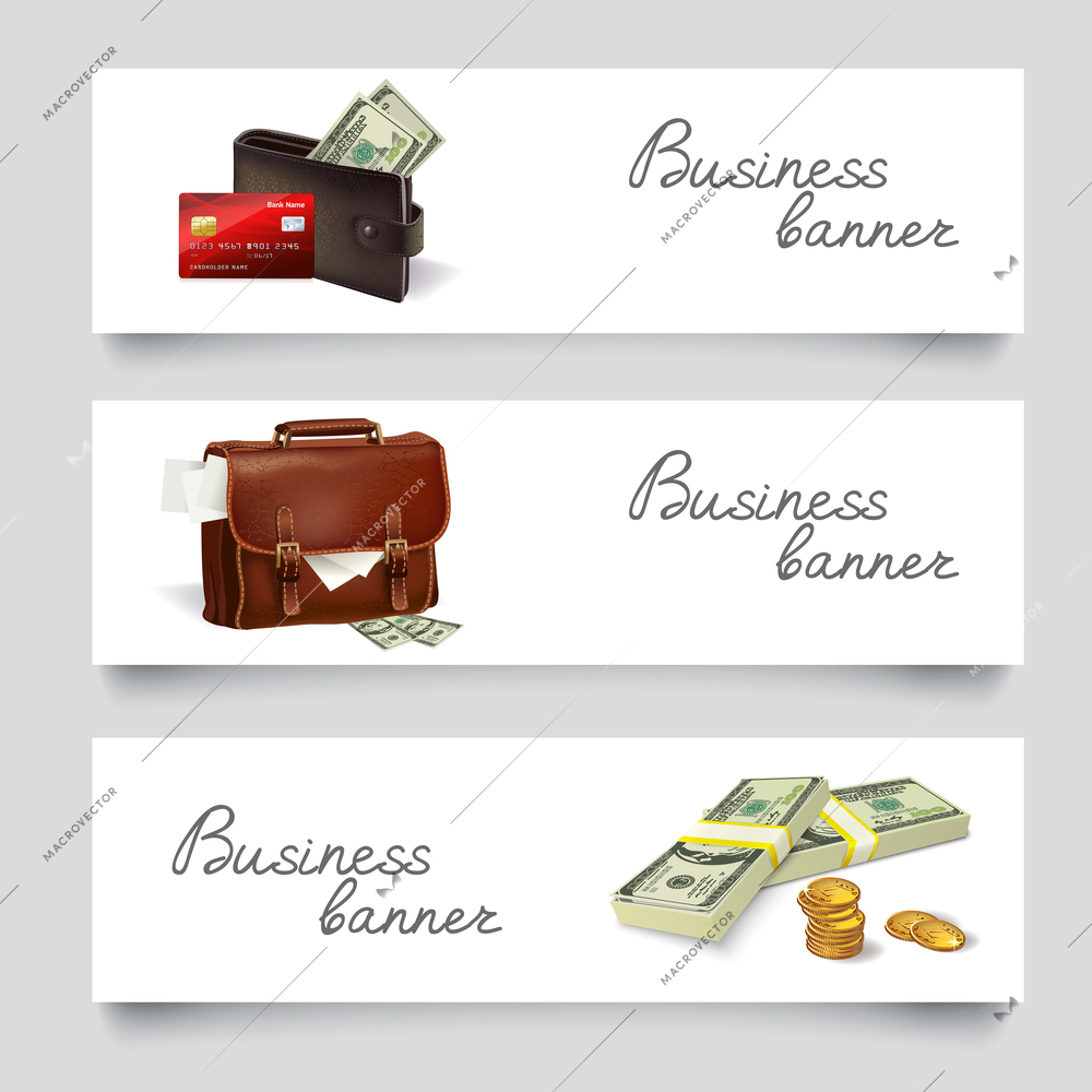 Business briefcase and wallet with money coins dollars banner set vector illustration