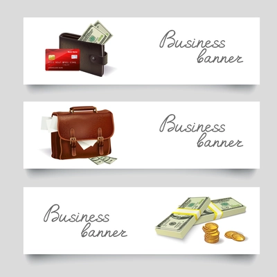 Business briefcase and wallet with money coins dollars banner set vector illustration