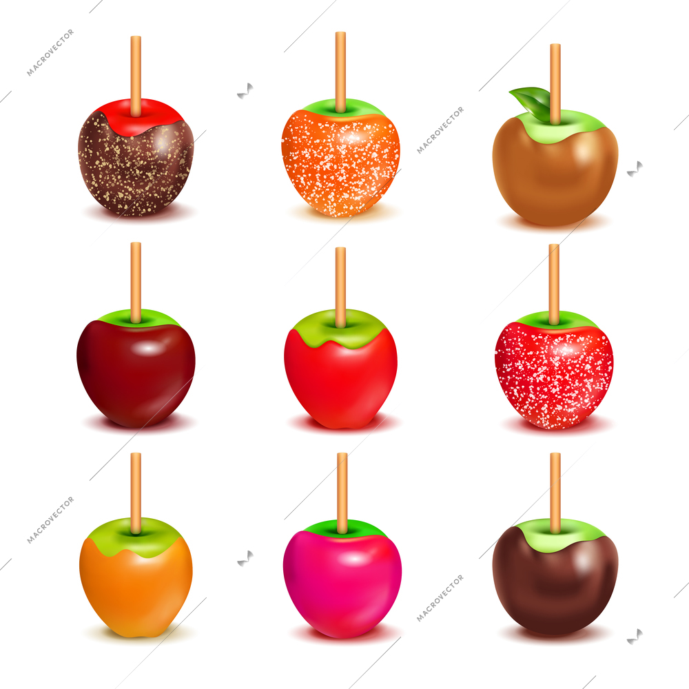 Whole candy apples covered in hard toffee caramel sugar or chocolate coating with stick realistic set vector illustration