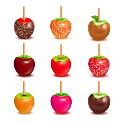 Whole candy apples covered in hard toffee caramel sugar or chocolate coating with stick realistic set vector illustration