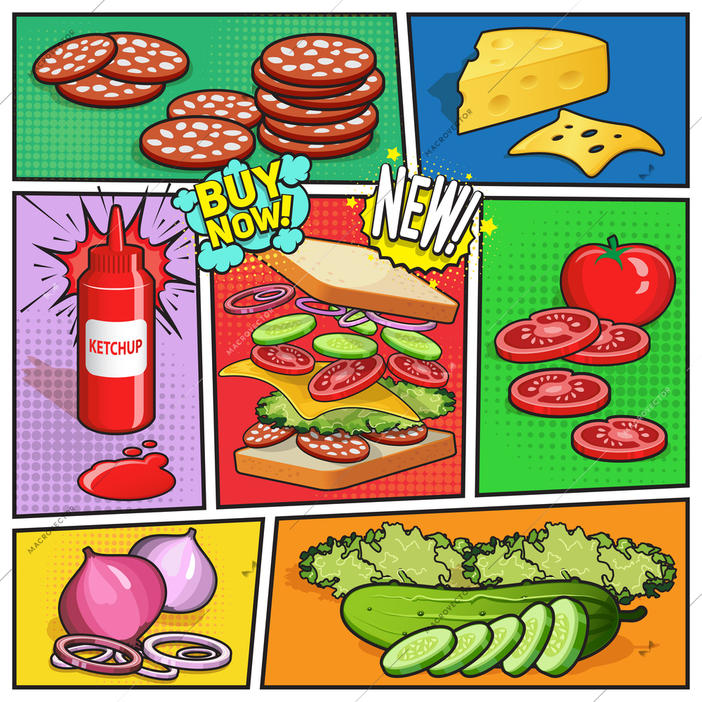 Comic book page with advertising of sandwich ingredients ketchup in bottle on divided colorful background vector illustration