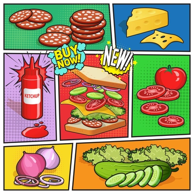 Comic book page with advertising of sandwich ingredients ketchup in bottle on divided colorful background vector illustration