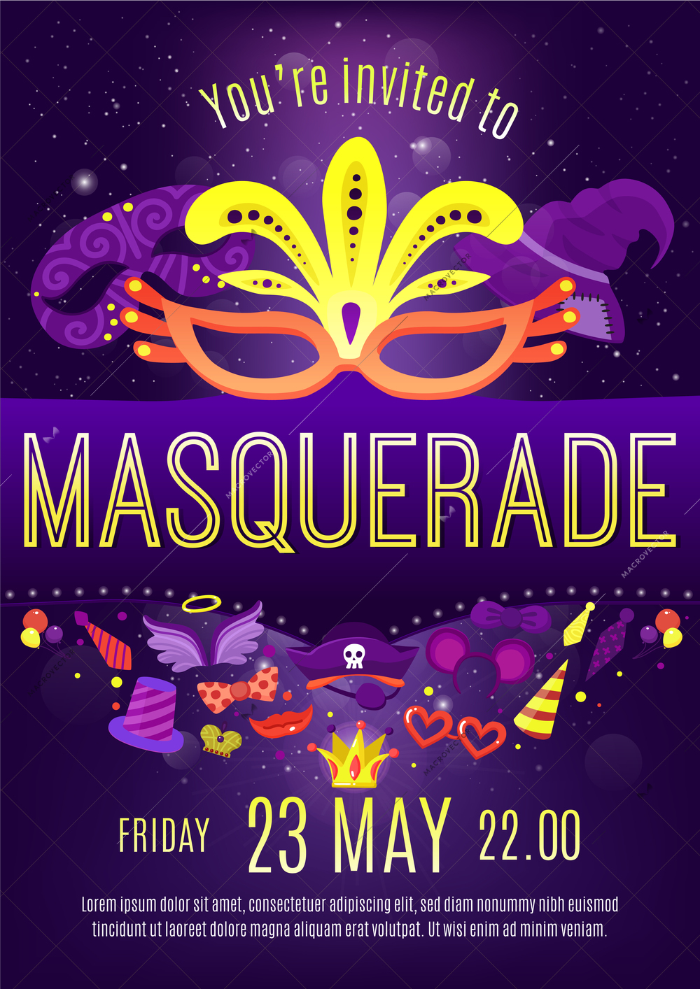 Masquerade night celebration festivities dark purple background invitation poster with golden letters and face masks vector illustration