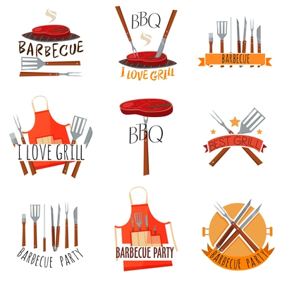 Colored isolated barbecue party label set with barbecue I love grill barbeque party and other descriptions vector illustration