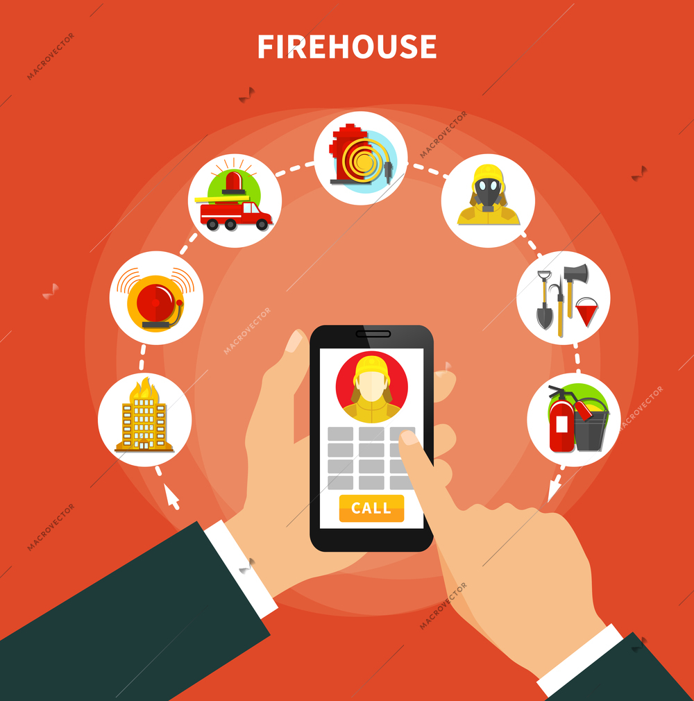 Firefighting concept with firehouse work and equipment icons flat vector illustration