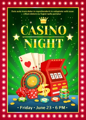 Night Casino bright poster with event date and game accessories flat cartoon vector illustration