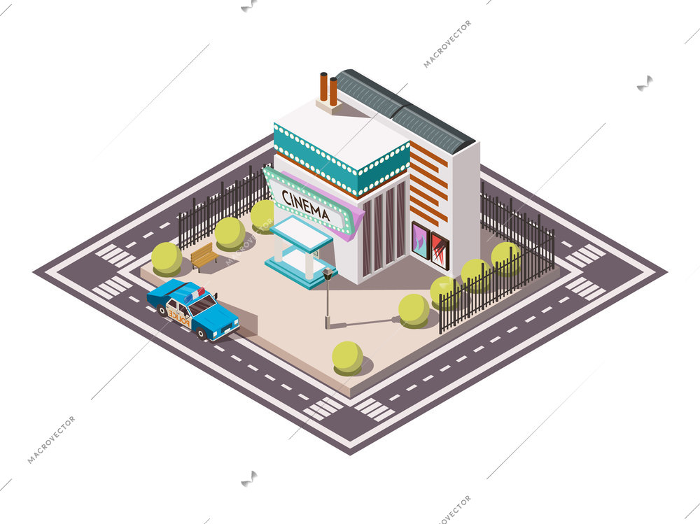 Rescue service isometric set with police car near cinema 3d vector illustration