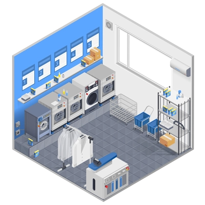 Laundry isometric concept with washing machines clothes and powder vector illustration