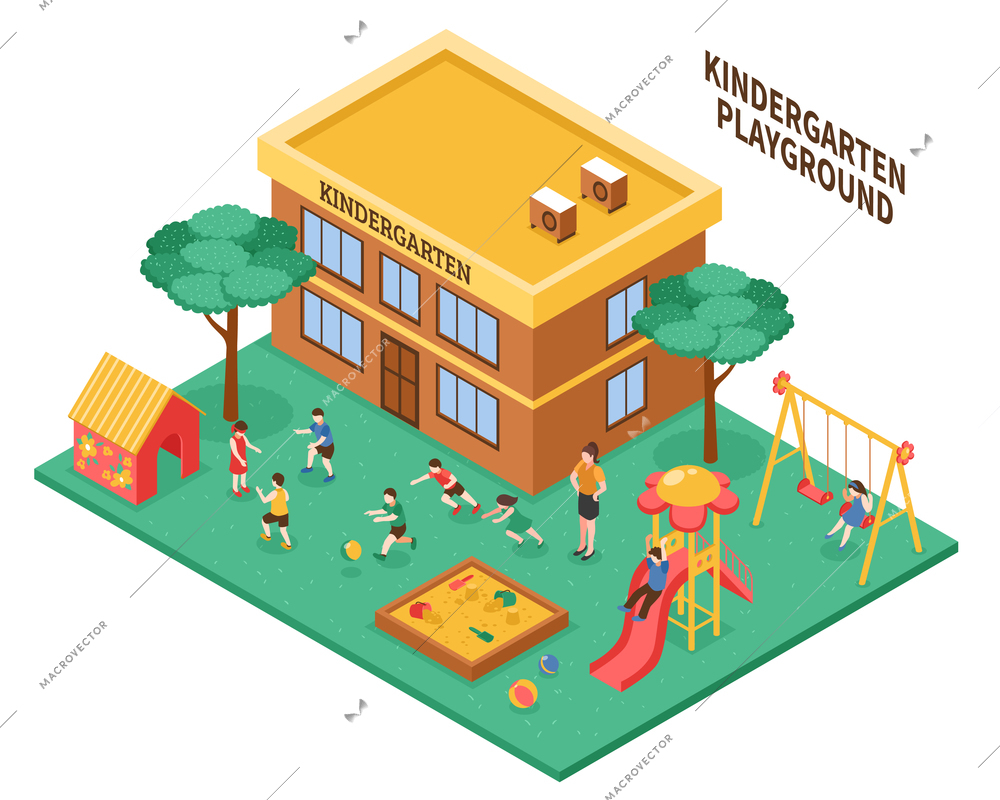 Kindergarten outdoor isometric composition with playground kindergarten teacher and playing children vector illustration