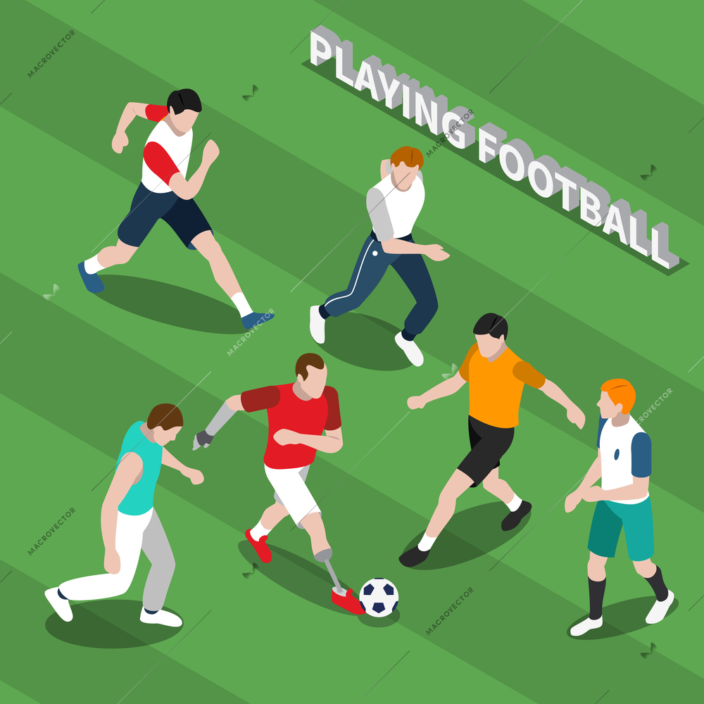 Disabled person with prosthetic limbs playing soccer with healthy people on green textured background isometric vector illustration