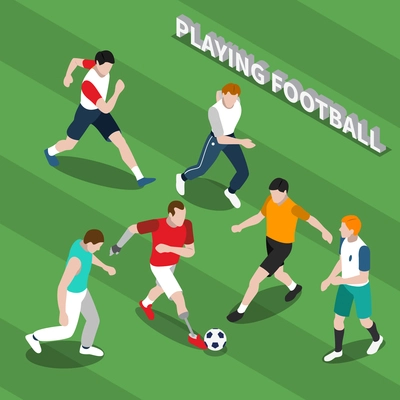 Disabled person with prosthetic limbs playing soccer with healthy people on green textured background isometric vector illustration