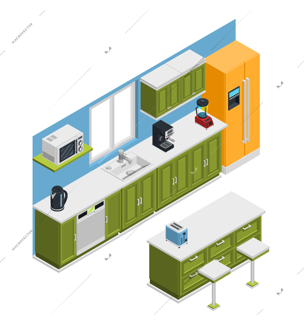 Kitchen interior isometric composition with fridge microwave and table vector illustration