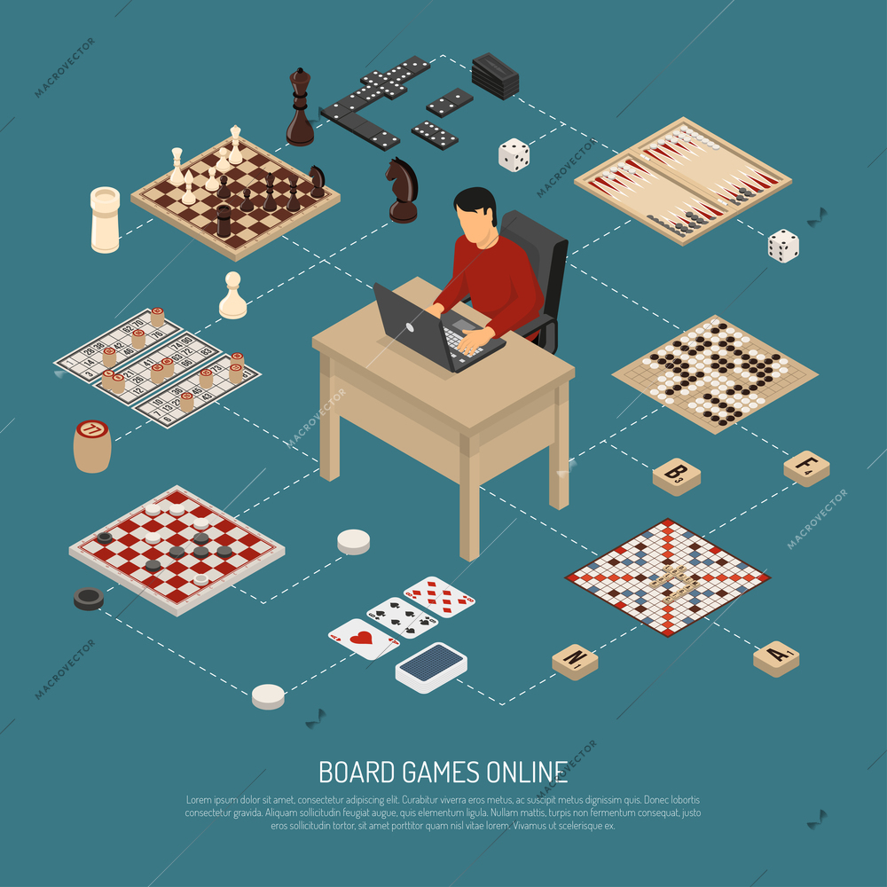 Colored board games online composition with guy who is sitting at the computer and playing vector illustration