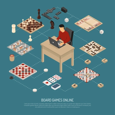 Colored board games online composition with guy who is sitting at the computer and playing vector illustration