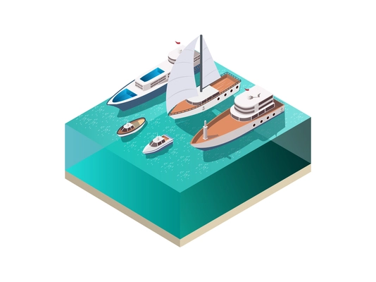 Ships isometric set with water surface and various vessels including wind-driven yacht and motor boats vector illustration