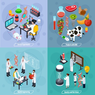 Genetics 2x2 design concept with genetic experiments  genetic engineering products with gmo and science future compositions  flat vector illustration