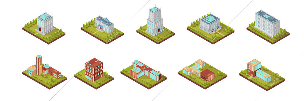 Isometric set of university buildings with windows on roofs and surrounding areas with trees isolated vector illustration