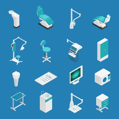 Colored stomatology dentistry isometric icon set with attributes and elements for work vector illustration