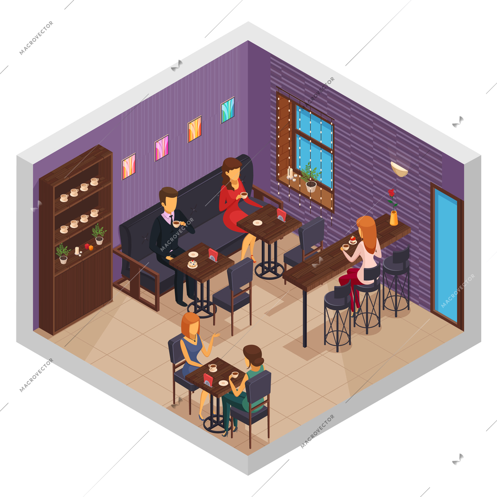 Cafe interior restaurant pizzeria bistro canteen isometric indoor composition with cupboard and visitors sitting at tables vector illustration