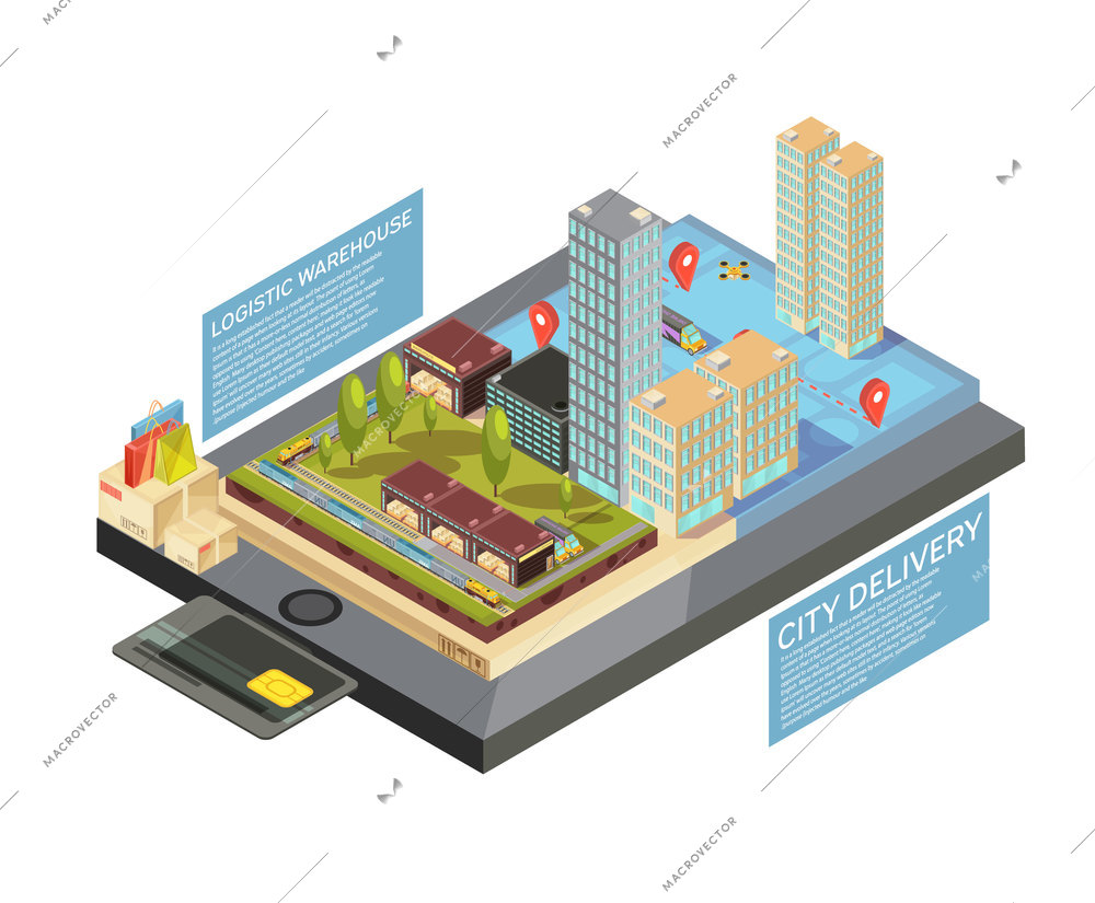 Isometric infographics with goods online, city delivery from warehouse to destination on mobile device screen vector illustration