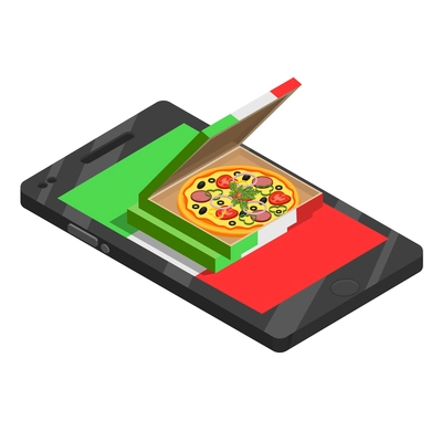 Colored pizza online isometric composition with pizza lies on smartphone and Italian flag vector illustration