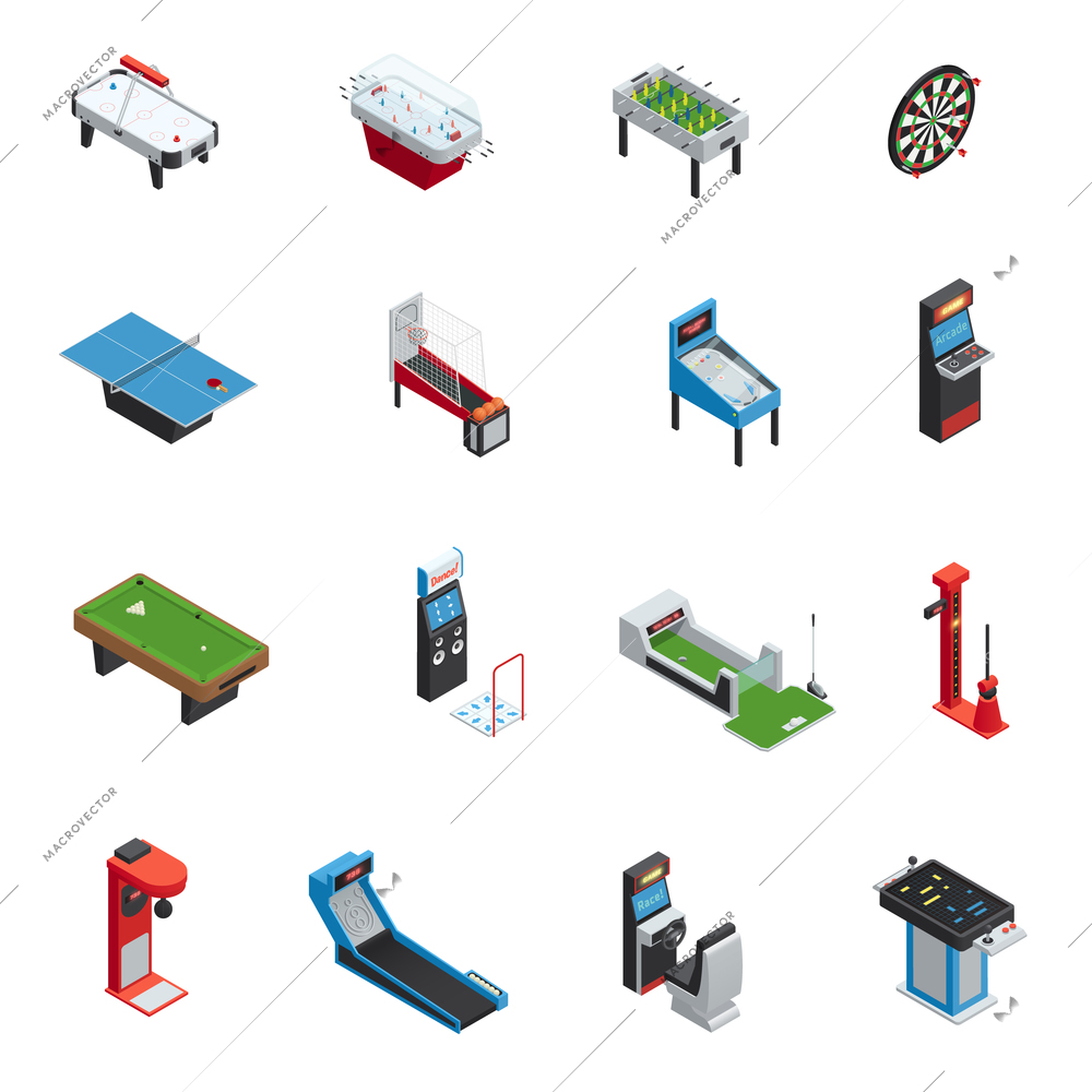 Colored and isolated isometric table games game machine icon set for casino and amusement park vector illustration