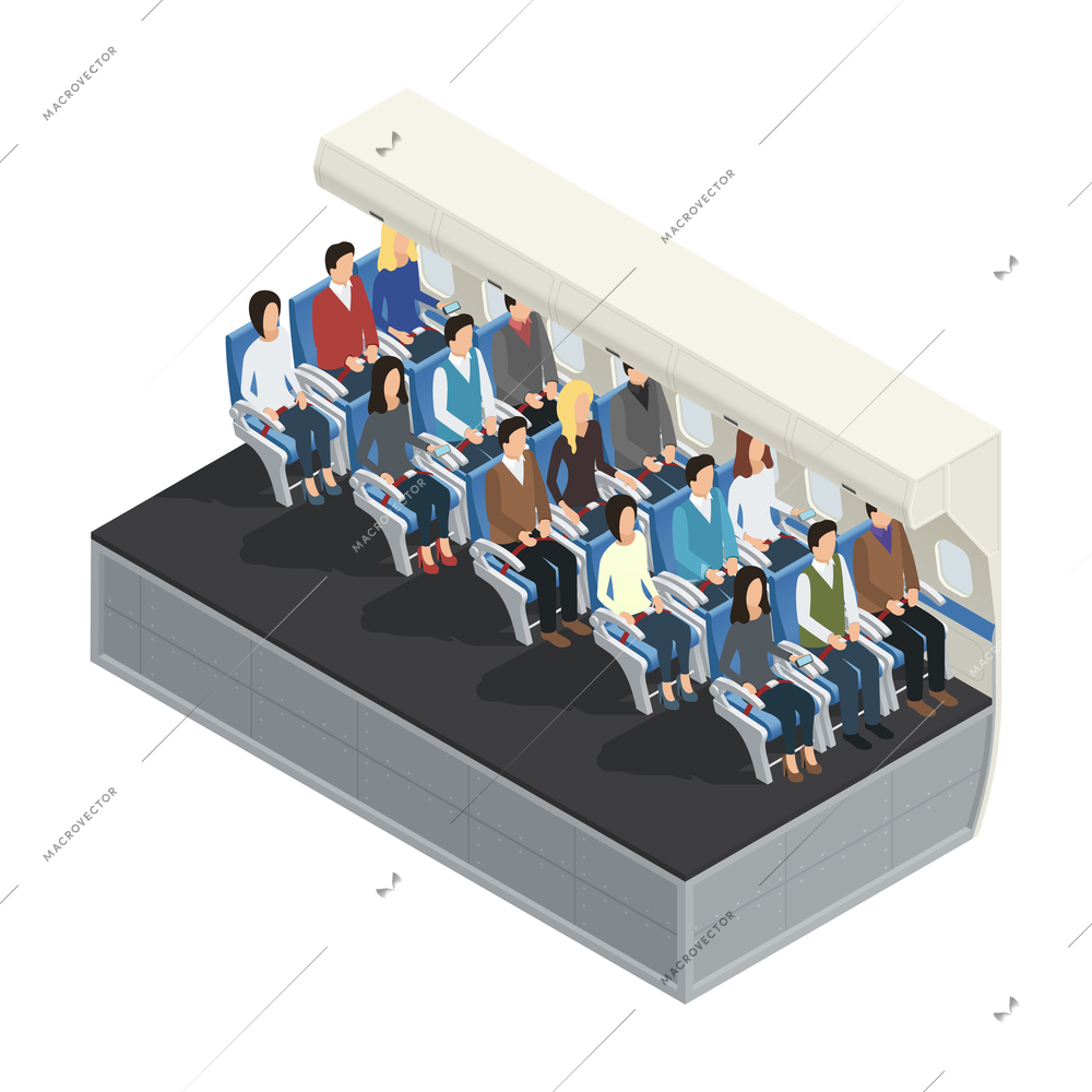 Colored airplane interior isometric 3d concept with seated passengers on the board vector illustration