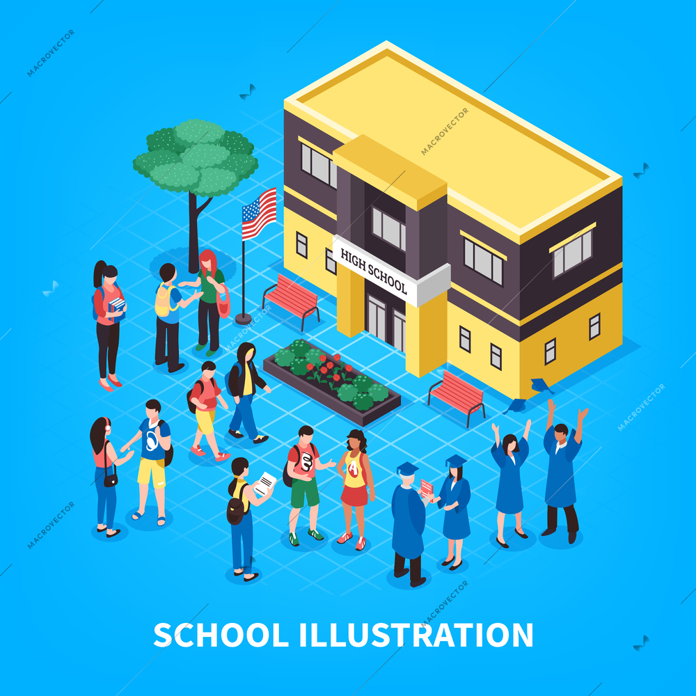 Students and graduates near school building with flag flowerbed and benches on blue background isometric vector illustration