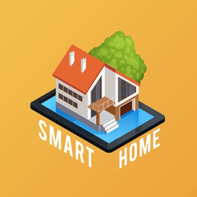 Smart home symbol isometric composition poster with remote computer controlled house on smartphone screen background vector illustration