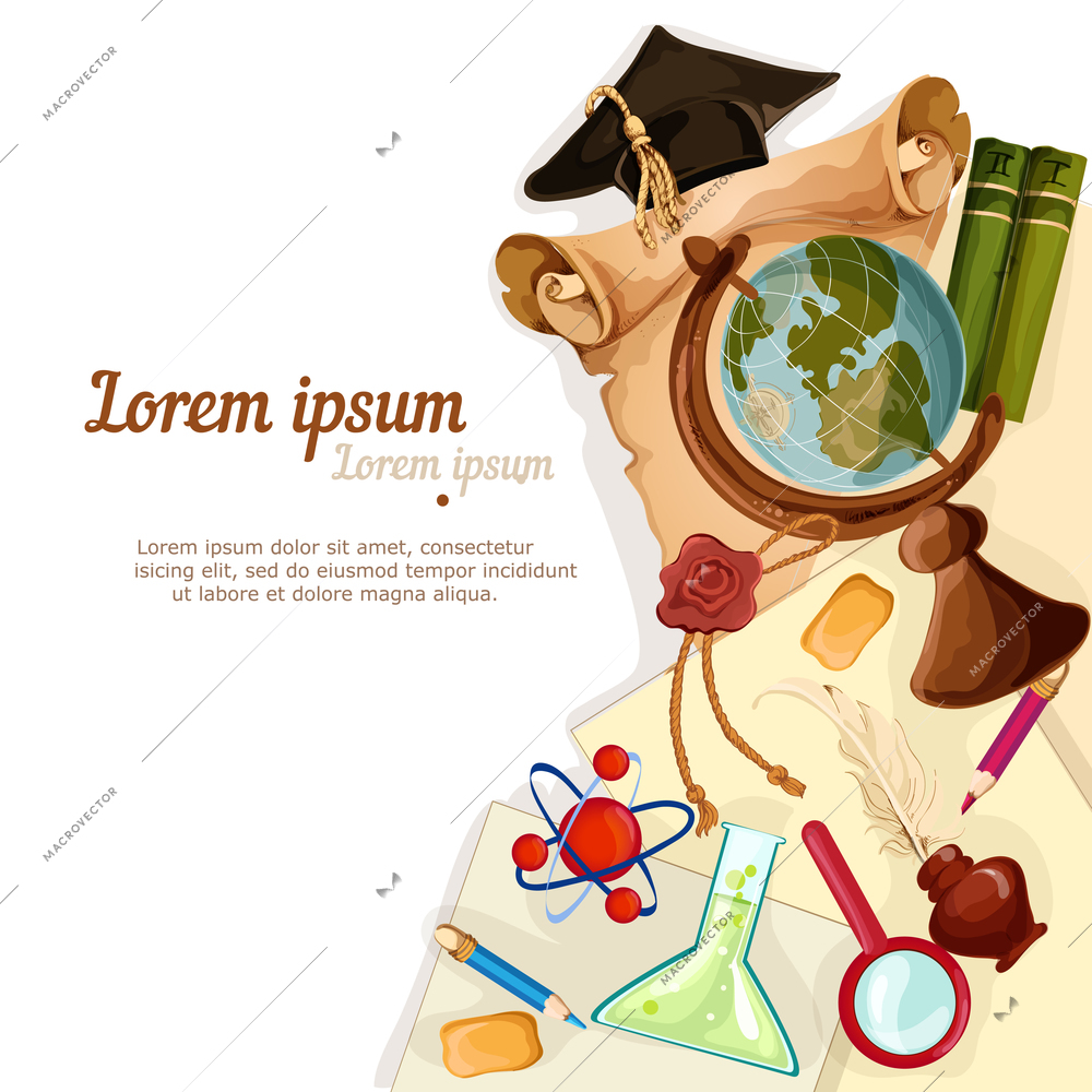 Vintage education graduation diploma globe paper flask magnifier background vector illustration