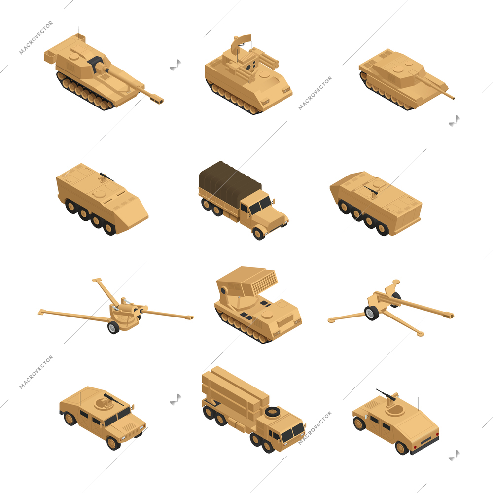 Military vehicles isometric icon set in beige tones for warfare and training in the army vector illustration