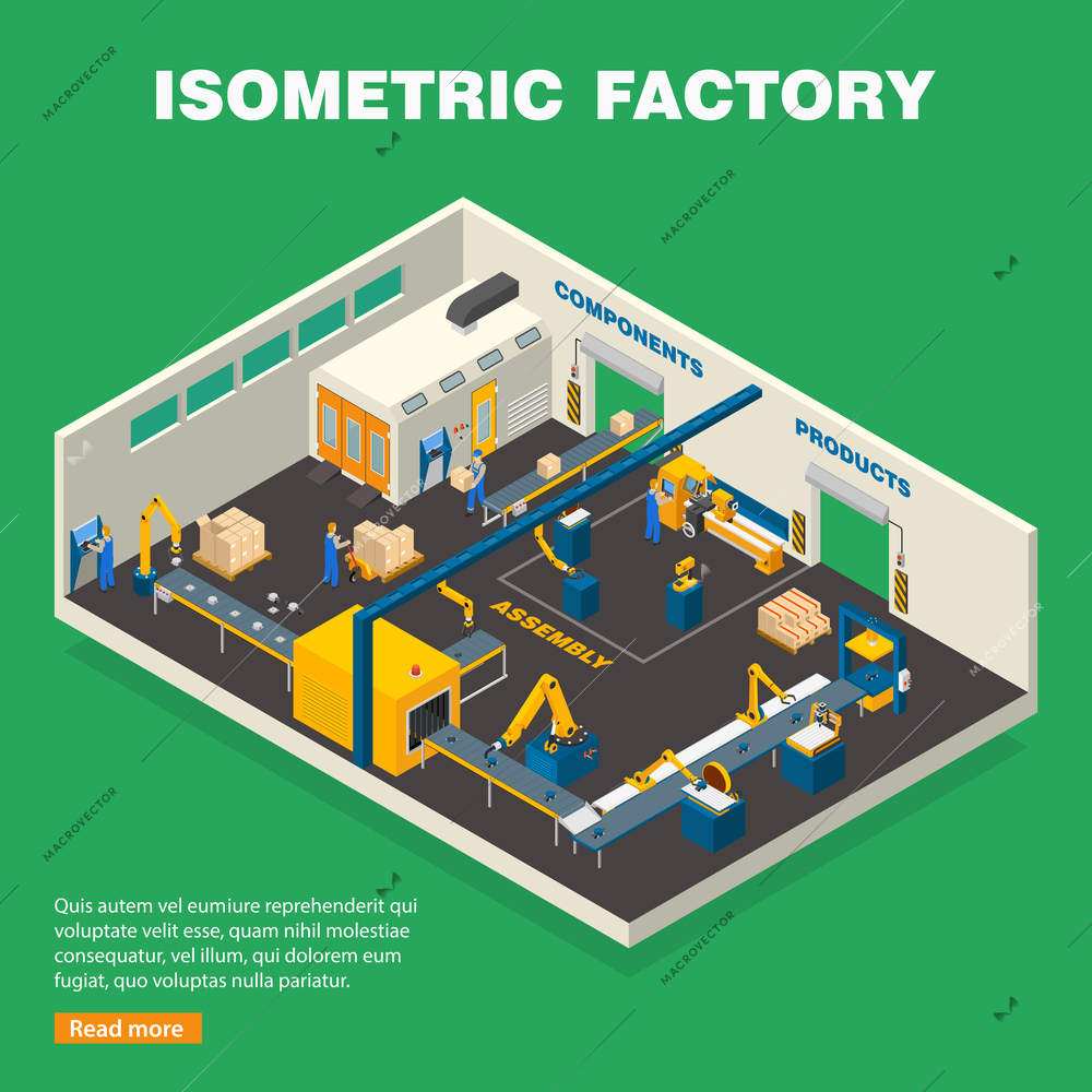 Conveyor line composition with  equipment on green background isometric vector illustration