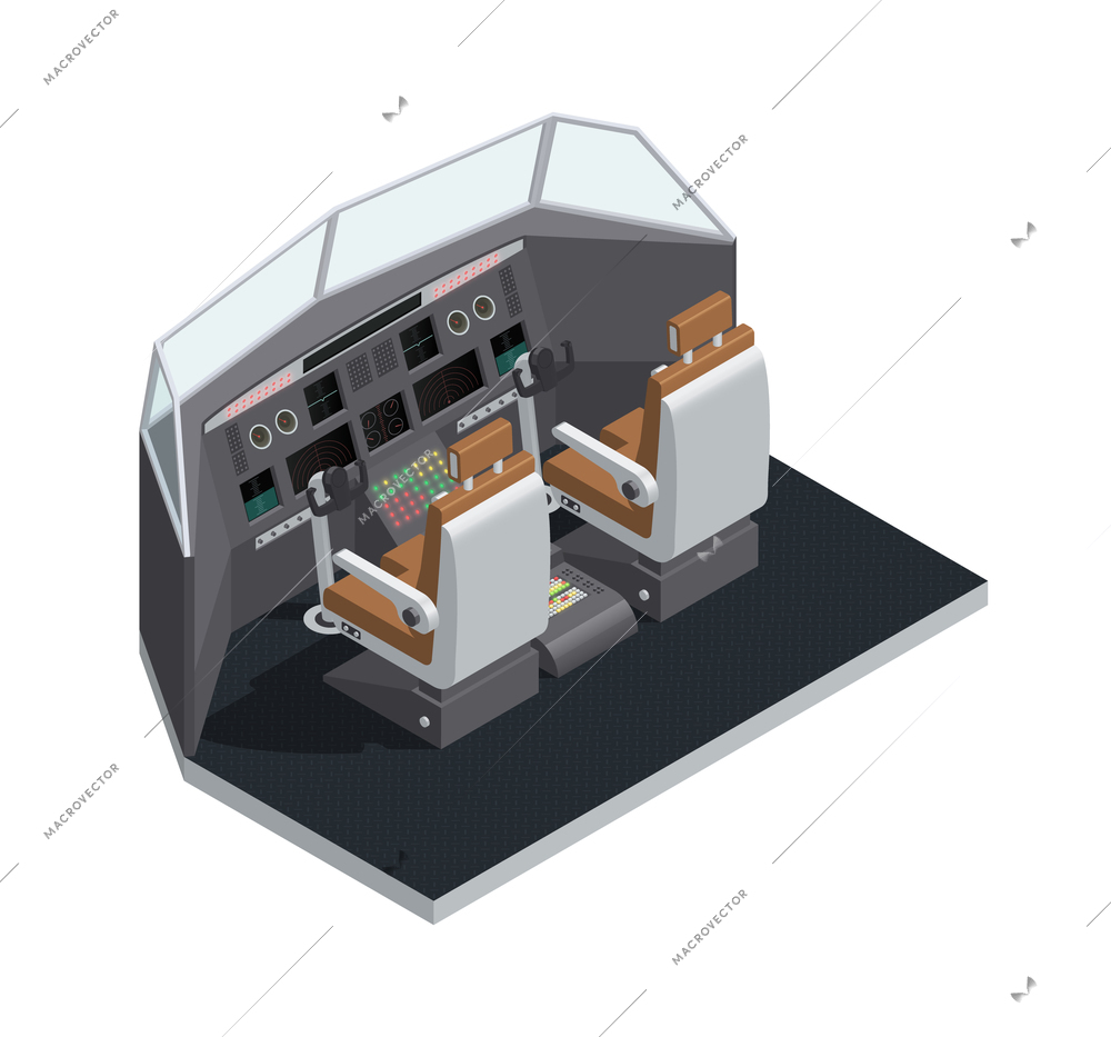 Colored airplane interior isometric 3d isolated composition with cockpit side view vector illustration