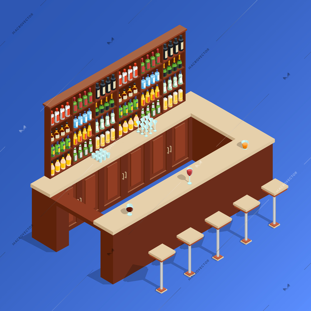 Colored bar isometric composition with empty bar counter and stand with alcohol vector illustration