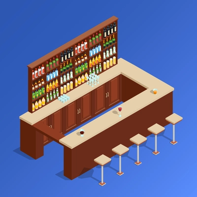 Colored bar isometric composition with empty bar counter and stand with alcohol vector illustration