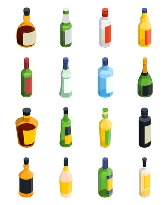 Colored and isolated alcohol isometric icon set with different sizes and types of bottles vector illustration