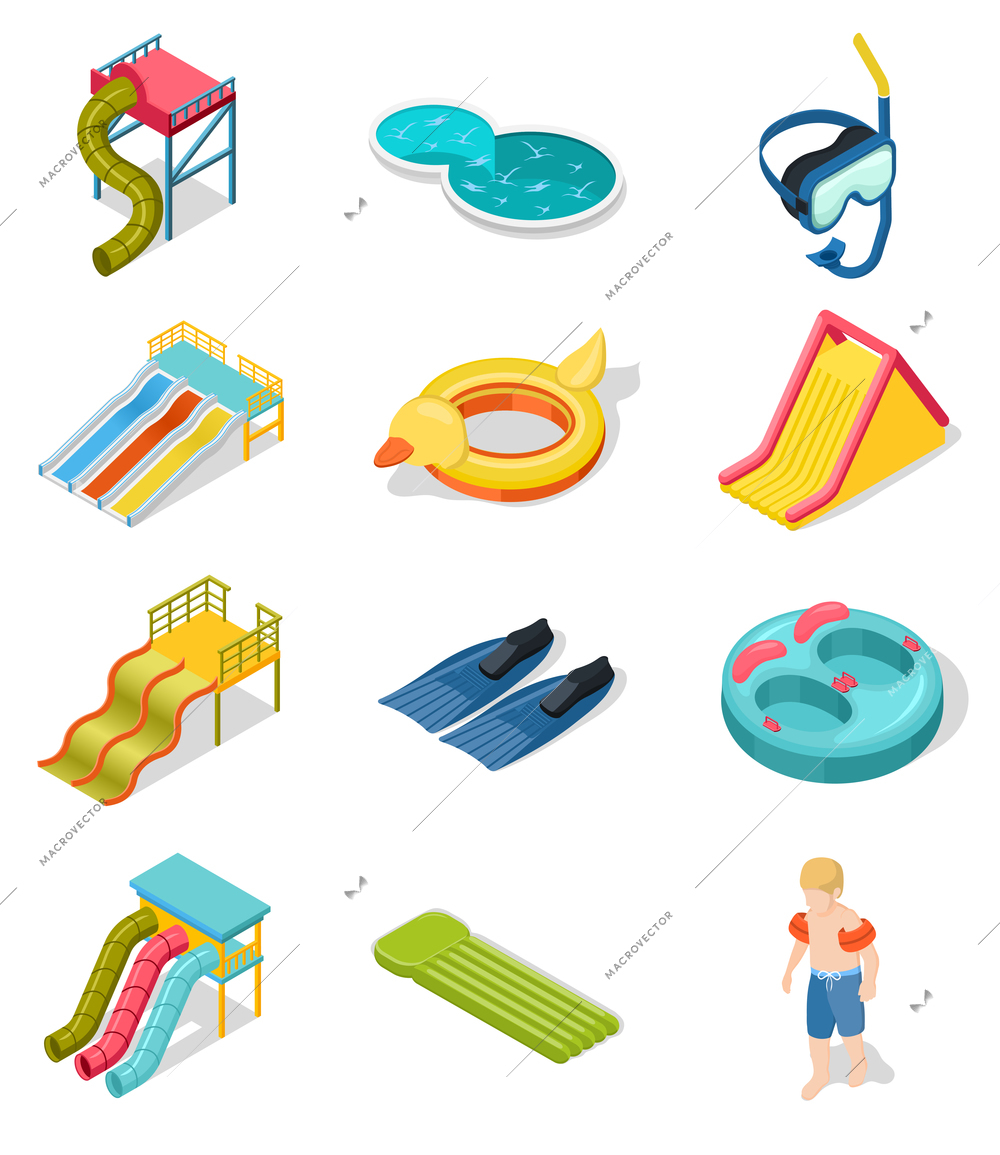 Colored and isolated aqua park isometric icon set with elements of place of entertainment vector illustration