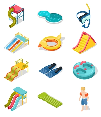 Colored and isolated aqua park isometric icon set with elements of place of entertainment vector illustration